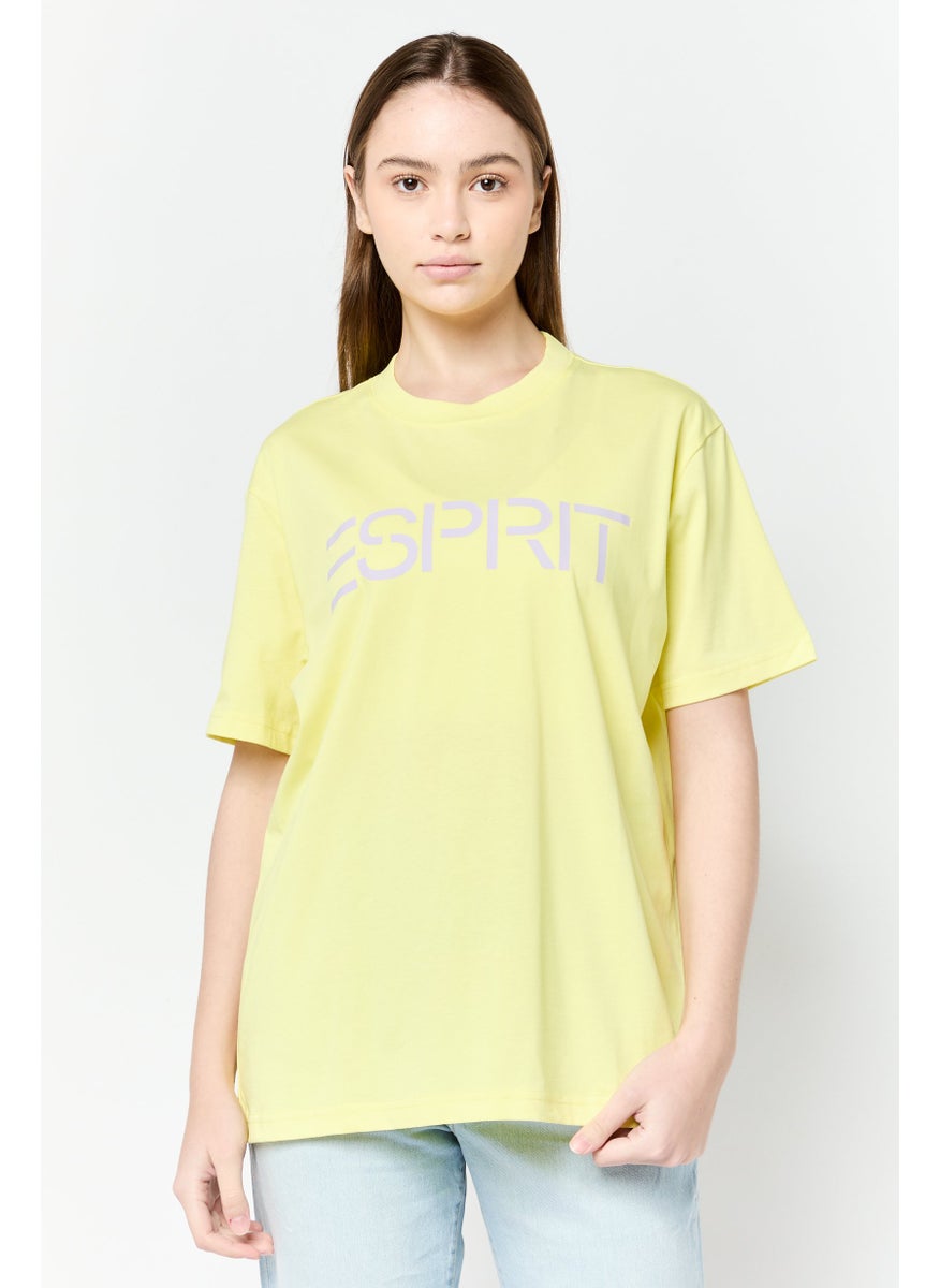 Women Crew Neck Brand Logo Short Sleeves T-shirt, Yellow