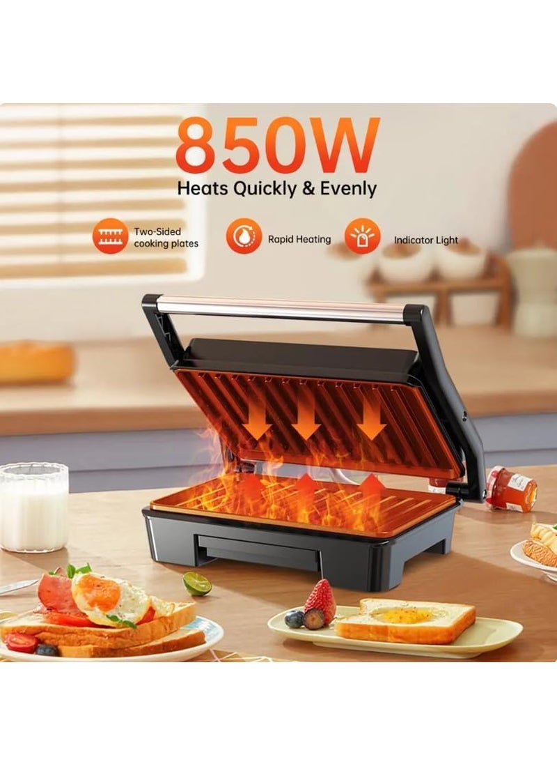 MUGATH Indoor Grill Panini Press Sandwich Maker with Indicator Lights 850 Watt Electric Panini Press Sandwich Press NonStick Coated Plates Cool Touch Handle
