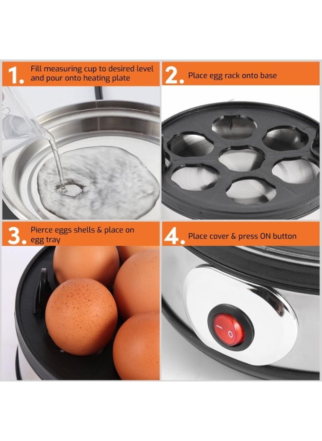 Rapid Egg Boiler Electric 350W, 7-Egg Capacity Soft, Medium, Hard-Boiled Egg Cooker with Auto Shut-Off Features Stainless Steel Shell, Transparent Lid, Measuring Cup,BPA Free