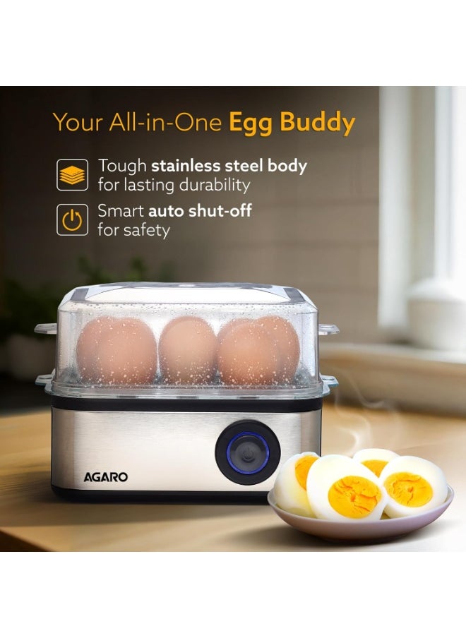 Grand Egg Boiler And Poacher,2-in1 Boils 8 Eggs, Poach 4 Eggs, Steamed Vegetables, 3 Boiling Modes, Stainless Steel Body, Transparent Lid, 500W, Silver