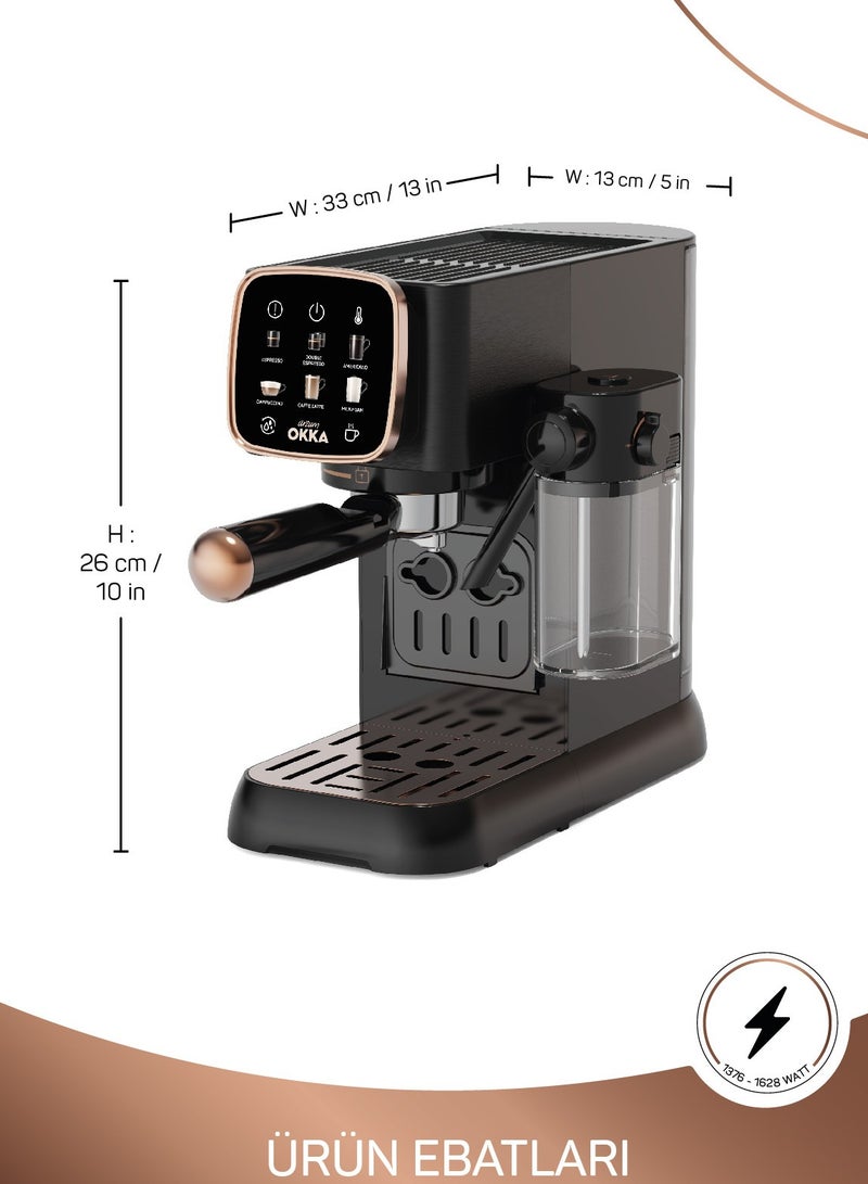 Okka Solo Espresso Machine Semi Automatic Power : 1628 W Pressure: 15 bar Water Capacity: 1.1 L 1628 W OK0032-0400 Black/copper Black/copper