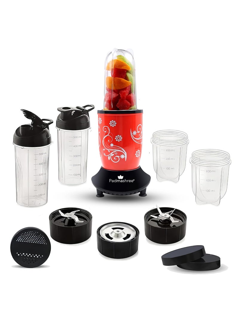 Padmashree Nutri Blender Bullet Mixer Grinder Juicer 600 Watts MultiFunctional 5 Jars With 3 Blades 20000 RPM Full Copper Motor 5 Storage Jar for Smoothies Coffee Soup 2Year Warranty Red