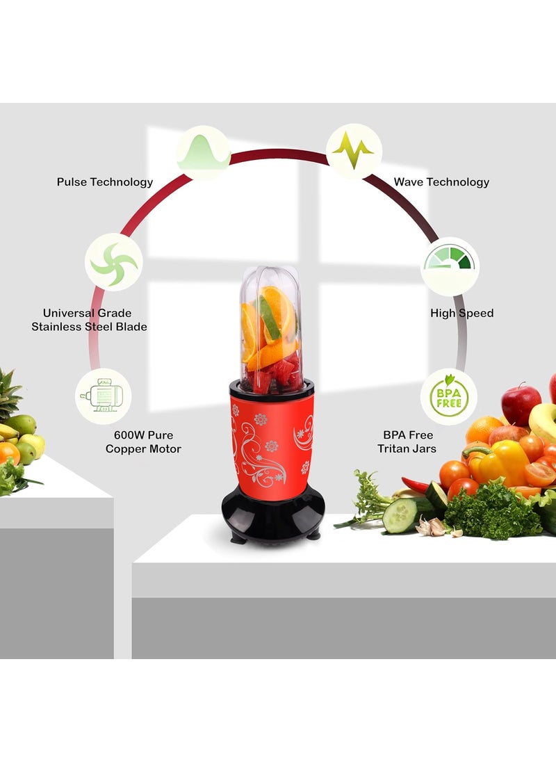 Padmashree Nutri Blender Bullet Mixer Grinder Juicer 600 Watts MultiFunctional 5 Jars With 3 Blades 20000 RPM Full Copper Motor 5 Storage Jar for Smoothies Coffee Soup 2Year Warranty Red