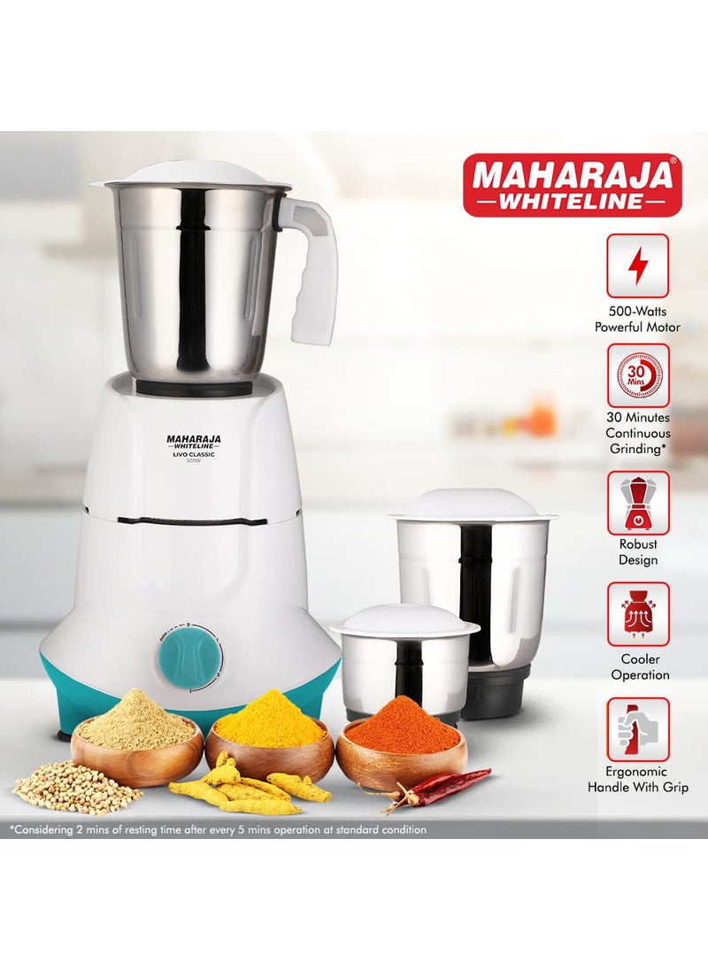 Maharaja Whiteline Livo Classic Mixer Grinder, 500W -MX-250 (Blue & White)