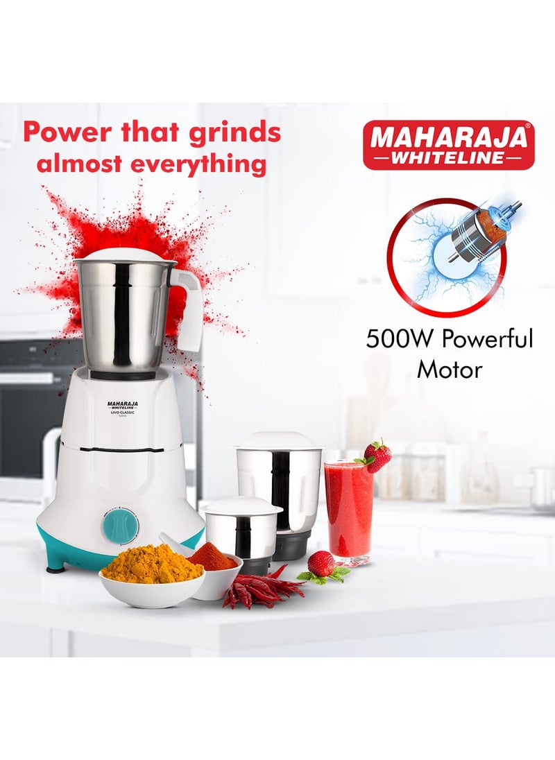 Maharaja Whiteline Livo Classic Mixer Grinder, 500W -MX-250 (Blue & White)