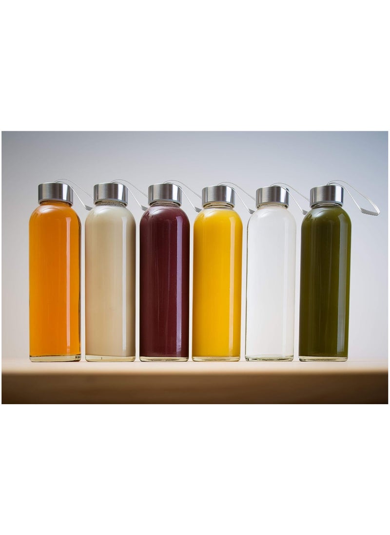 Pack of 6 18 Oz Glass Water Bottles Juice Bottles with Stainless Steel Leak Proof Lids