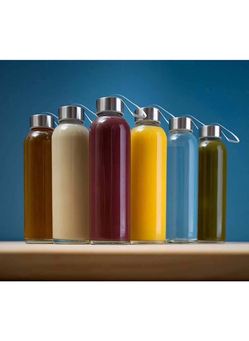 Pack of 6 18 Oz Glass Water Bottles Juice Bottles with Stainless Steel Leak Proof Lids