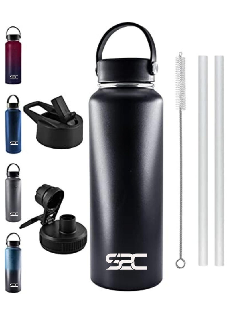 40Oz Insulated Water Bottle Double Wall 18/8 Stainless Steel Water Bottle With Straw Water Bottle For Sports Water Bottle Thermos Flask Hot Water Bottles For Gym Bottle (Black)