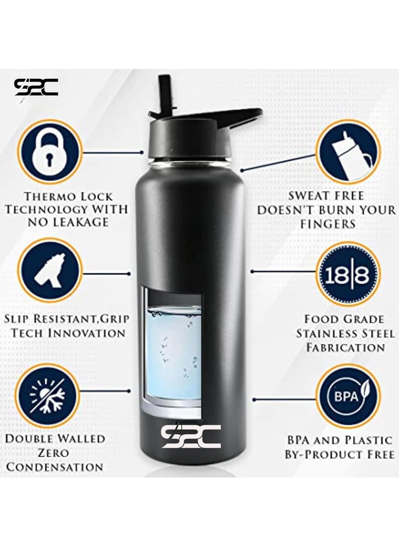 40Oz Insulated Water Bottle Double Wall 18/8 Stainless Steel Water Bottle With Straw Water Bottle For Sports Water Bottle Thermos Flask Hot Water Bottles For Gym Bottle (Black)