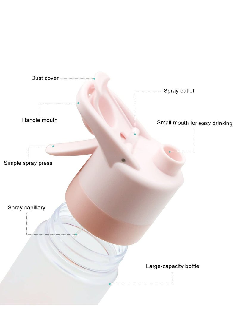 Mist Spray Water Bottle, 650ml Sports Water Bottle Reusable Fitness Water Jug Multifunctional Spray Water Cup with Mist Hydration (Pink)