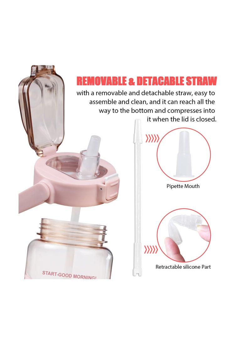 Inspirational Water Bottle with Straw & Time Marker to Drink, Leakproof BPA Free Sport Water Jug, 2000ML Half Gallon Water Bottle with Sleeve for Daily Workout Gym Sport, Pink