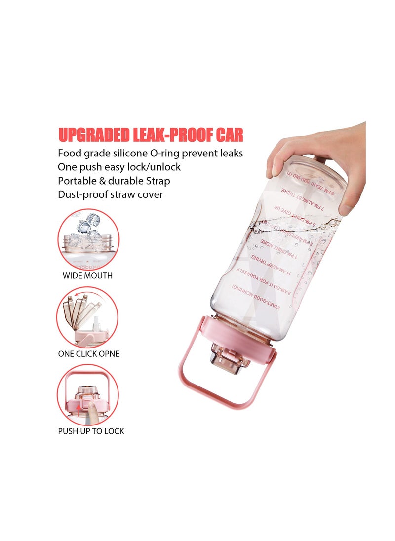 Inspirational Water Bottle with Straw & Time Marker to Drink, Leakproof BPA Free Sport Water Jug, 2000ML Half Gallon Water Bottle with Sleeve for Daily Workout Gym Sport, Pink