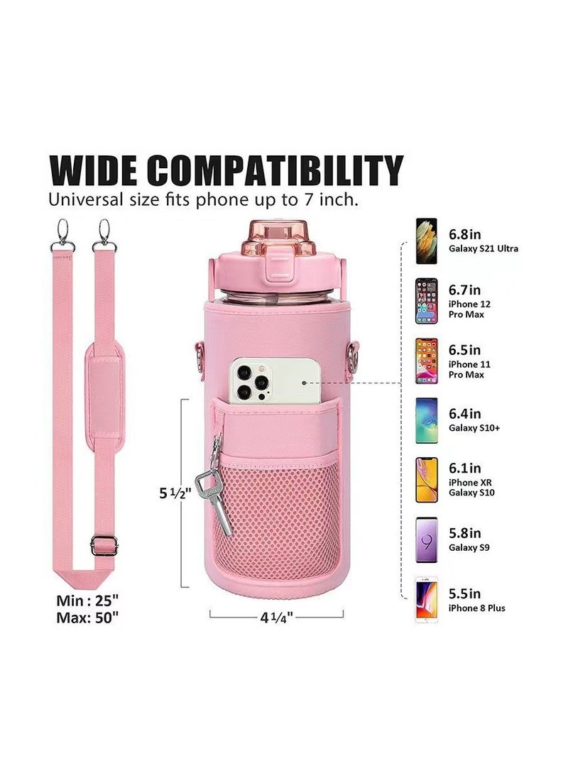 Inspirational Water Bottle with Straw & Time Marker to Drink, Leakproof BPA Free Sport Water Jug, 2000ML Half Gallon Water Bottle with Sleeve for Daily Workout Gym Sport, Pink