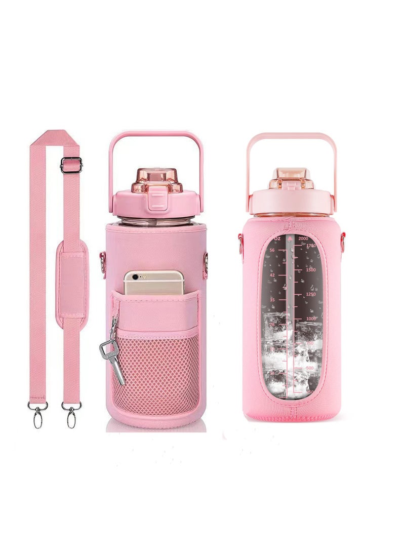 Inspirational Water Bottle with Straw & Time Marker to Drink, Leakproof BPA Free Sport Water Jug, 2000ML Half Gallon Water Bottle with Sleeve for Daily Workout Gym Sport, Pink