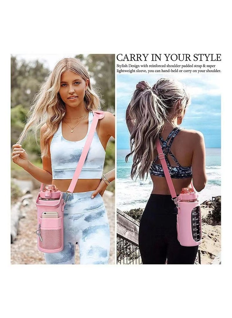 Inspirational Water Bottle with Straw & Time Marker to Drink, Leakproof BPA Free Sport Water Jug, 2000ML Half Gallon Water Bottle with Sleeve for Daily Workout Gym Sport, Pink