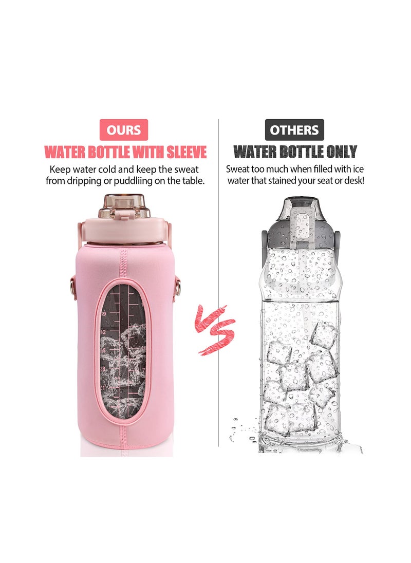 Inspirational Water Bottle with Straw & Time Marker to Drink, Leakproof BPA Free Sport Water Jug, 2000ML Half Gallon Water Bottle with Sleeve for Daily Workout Gym Sport, Pink