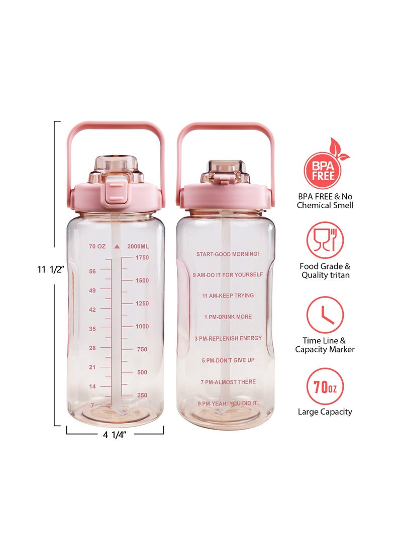 Inspirational Water Bottle with Straw & Time Marker to Drink, Leakproof BPA Free Sport Water Jug, 2000ML Half Gallon Water Bottle with Sleeve for Daily Workout Gym Sport, Pink