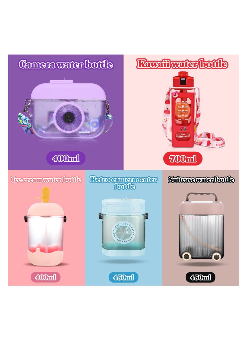 Adorable 3D Ice Cream Popsicle Cups & Juice Drinking Bottles with BPA-Free Straws, Adjustable Shoulder Strap for Kids & Adults, Suitable for Sports & Outdoor Activities