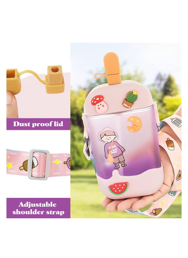 Adorable 3D Ice Cream Popsicle Cups & Juice Drinking Bottles with BPA-Free Straws, Adjustable Shoulder Strap for Kids & Adults, Suitable for Sports & Outdoor Activities
