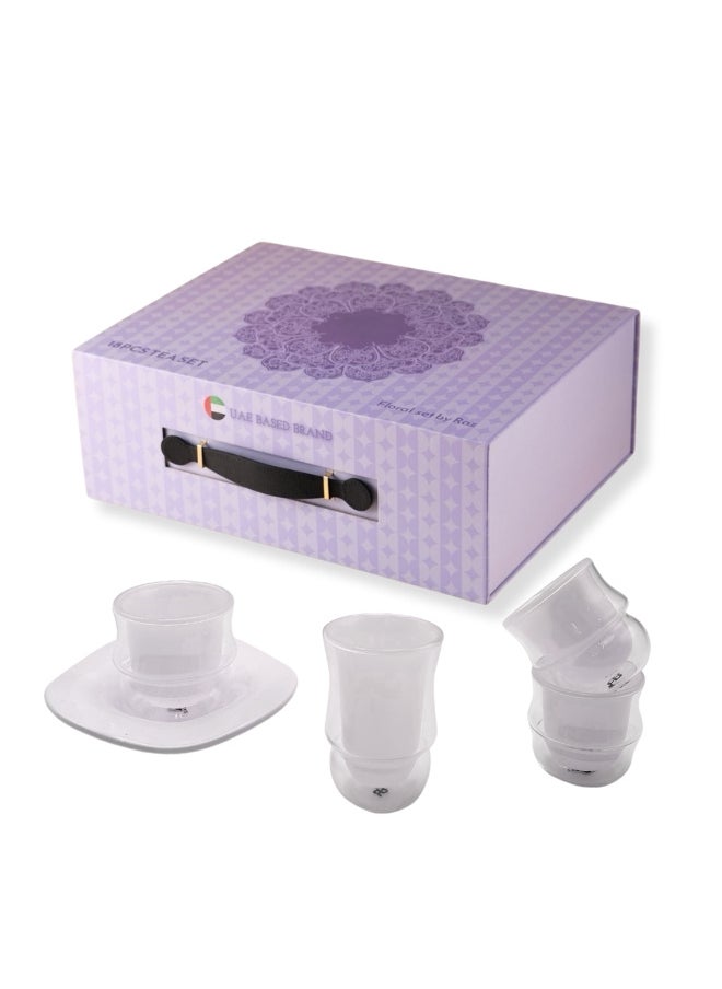 18 piece Set Gift Box Floral Design Glass Kawa Tea Cups