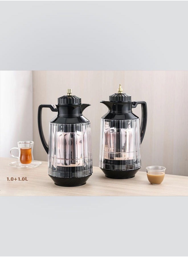 Set of 2 Thermal Coffee  Tea Carafes - Luxury Crystal Design, Black with Gold Accents, 1.0+1.0L Capacity, Double Insulation for Long-Lasting Heat  Cold Retention, Odor-Resistant  Easy to Clean - Per
