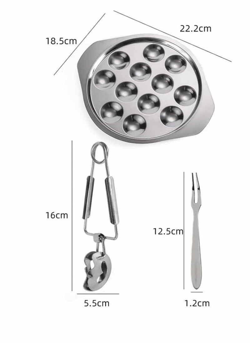 Escargot Dining Set, Stainless Steel Escargot Tableware Metal Snail Tong 12 Compartment Holes Snail Plate Tong Escargot Fork Escargot Plate for Home BBQ Restaurant, 2 Set
