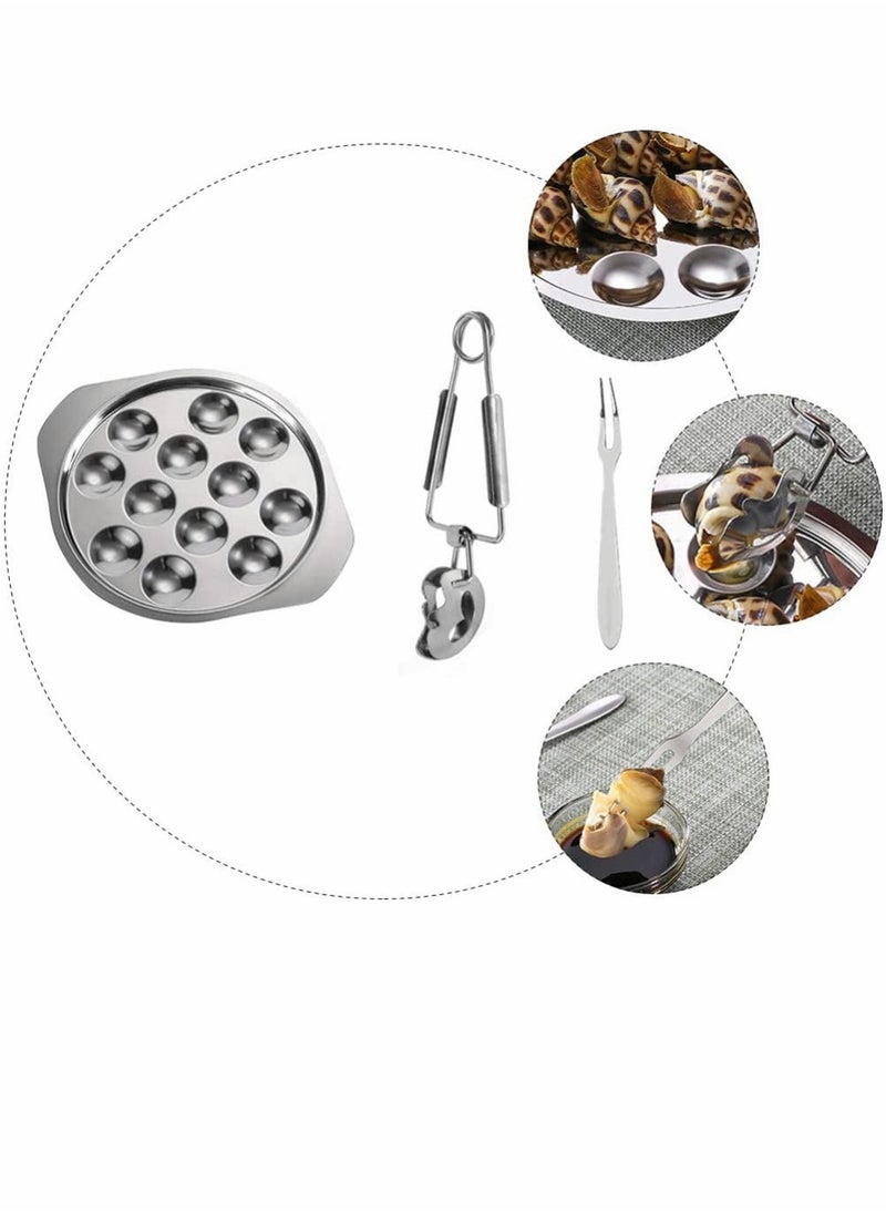Escargot Dining Set, Stainless Steel Escargot Tableware Metal Snail Tong 12 Compartment Holes Snail Plate Tong Escargot Fork Escargot Plate for Home BBQ Restaurant, 2 Set