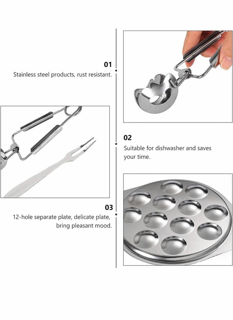 Escargot Dining Set, Stainless Steel Escargot Tableware Metal Snail Tong 12 Compartment Holes Snail Plate Tong Escargot Fork Escargot Plate for Home BBQ Restaurant, 2 Set