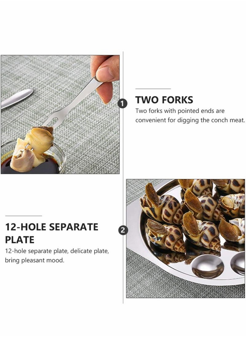 Escargot Dining Set, Stainless Steel Escargot Tableware Metal Snail Tong 12 Compartment Holes Snail Plate Tong Escargot Fork Escargot Plate for Home BBQ Restaurant, 2 Set
