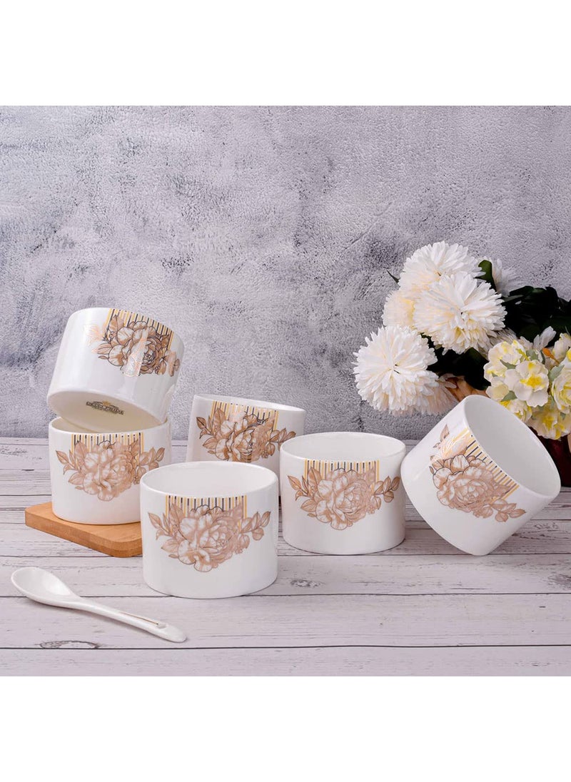 Deco Pride ICE Cream Serving Set Ceramic Made 6 Bowls and 6 Spoons Set 12 Pcs Pack 310G