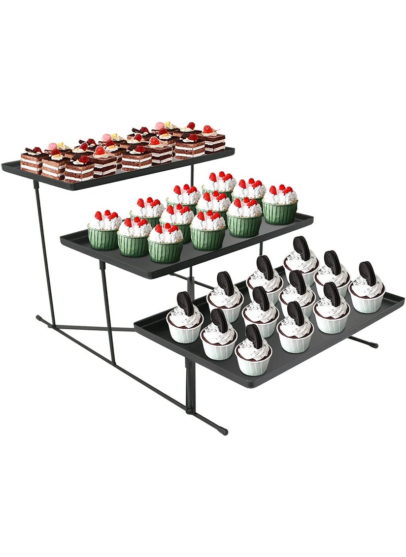INDIAN DECOR 29890 Metal Rectangular Food Snack Dessert Serving Plate Rack 3 Tier Cupcake Tray Set with Metal Stand Black