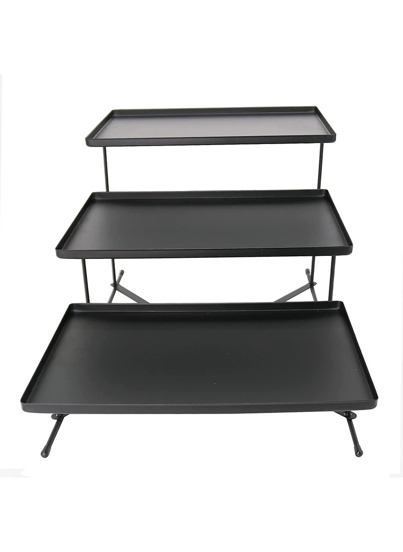 INDIAN DECOR 29890 Metal Rectangular Food Snack Dessert Serving Plate Rack 3 Tier Cupcake Tray Set with Metal Stand Black