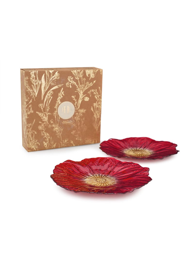 PURE HOME LIVING Set of 2 Red Floral Shaped Glass Dessert Plates