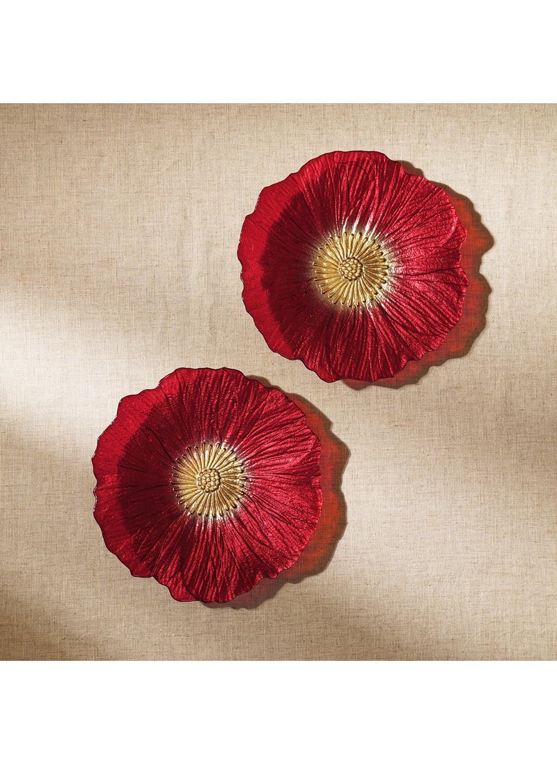 PURE HOME LIVING Set of 2 Red Floral Shaped Glass Dessert Plates