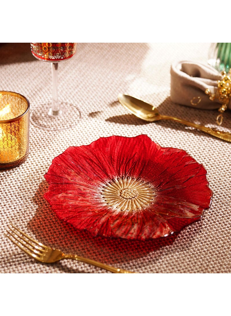 PURE HOME LIVING Set of 2 Red Floral Shaped Glass Dessert Plates
