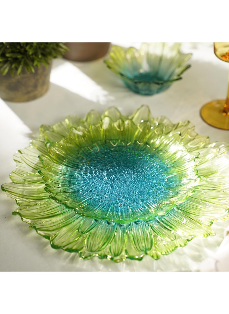 PURE HOME LIVING Set of 2 Green Blue Ombre Gerbera Glass Dessert Plates Kitchen Counter Decorative Plates Modern Tableware and Dinnerware Platesuse for Dinner Lunch Breakfast