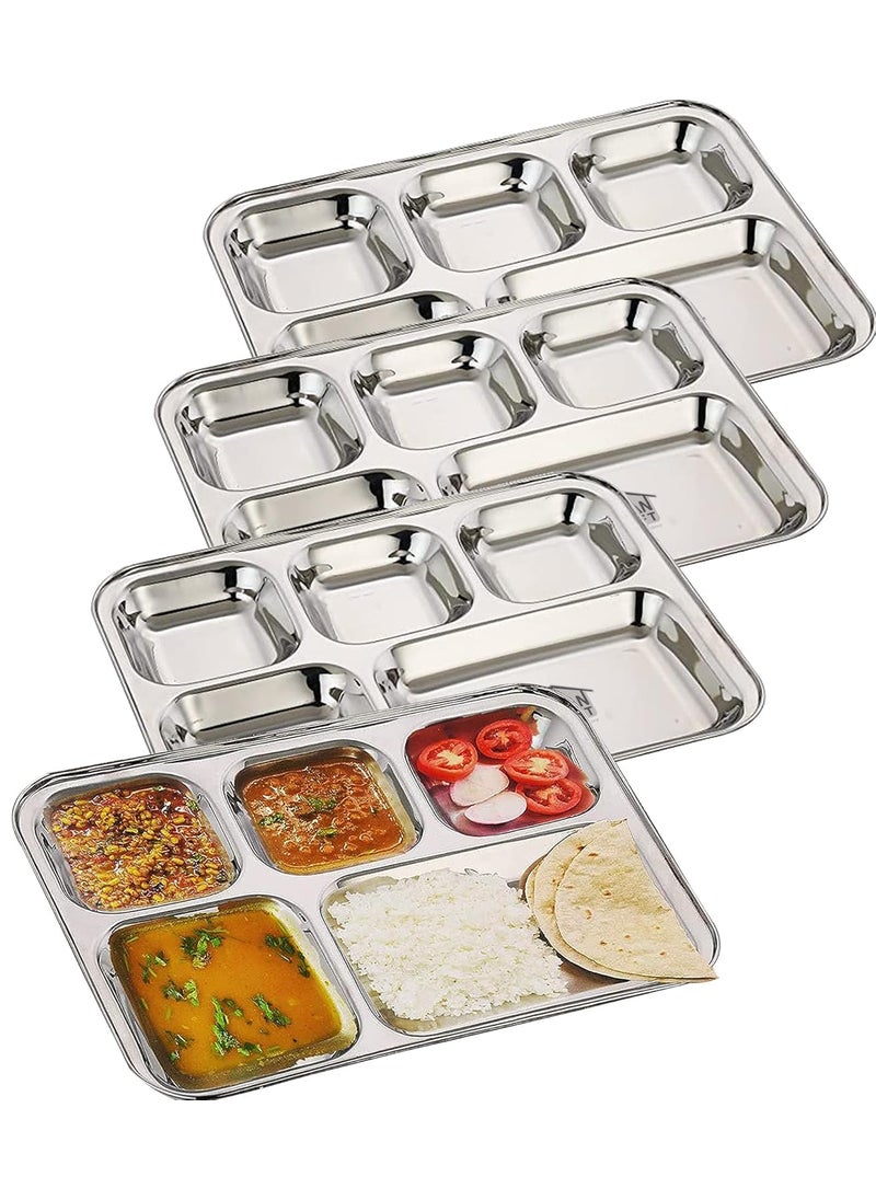 Ganeshi Stainless Steel 5in1 Plates with CompartmentsBhojan ThaliPartition Plates Set of 4 Steel Plates for LunchDinnerThali Set Extra Deep Mess Tray Pack of 4 Rectangle Bowl