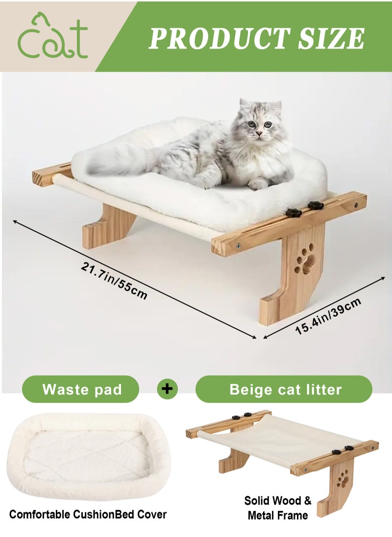 Cat Sill Window Perch Sturdy Hammock Window Seat with Cushion Bed Cover, Wood & Metal Frame for Large Cats, Easy to Adjust Cat Bed for Windowsill, Bedside, Drawer and Cabinet