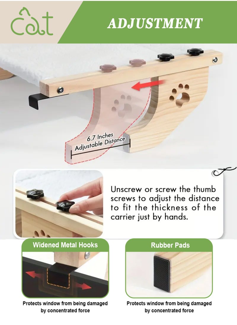 Cat Sill Window Perch Sturdy Hammock Window Seat with Cushion Bed Cover, Wood & Metal Frame for Large Cats, Easy to Adjust Cat Bed for Windowsill, Bedside, Drawer and Cabinet