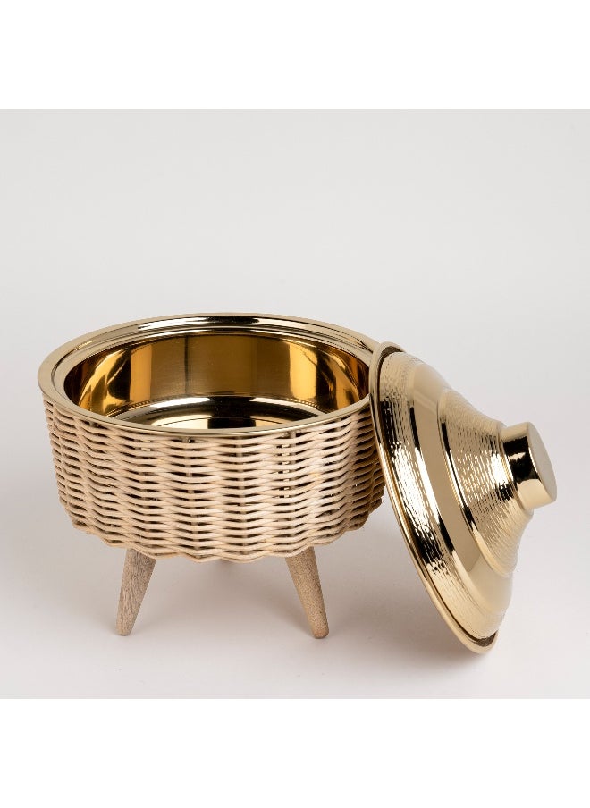 Bamboo Food Pot 2Ltr With Wood Stand Gold Lid