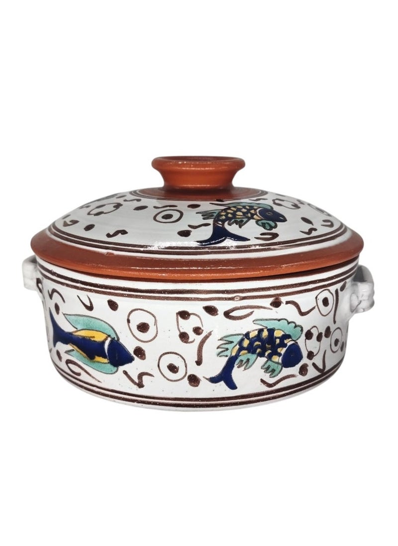 AKDC Clay Casserole With Lid Handle Hand Painted -25CM