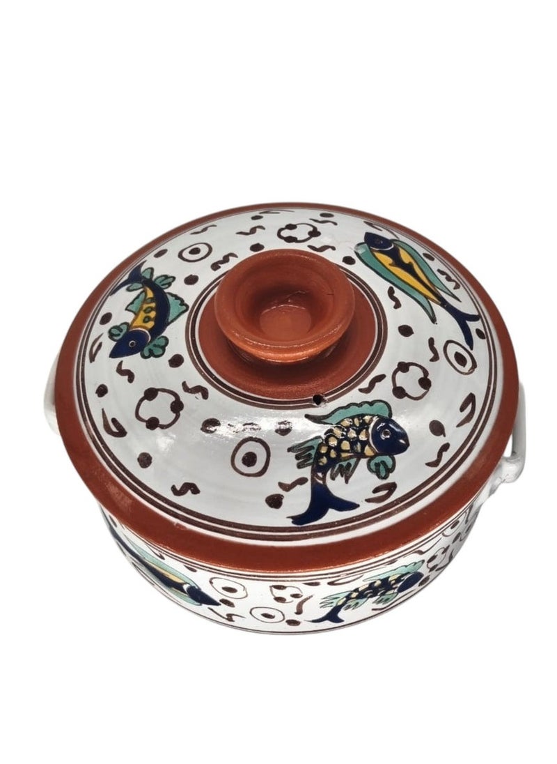 AKDC Clay Casserole With Lid Handle Hand Painted -25CM