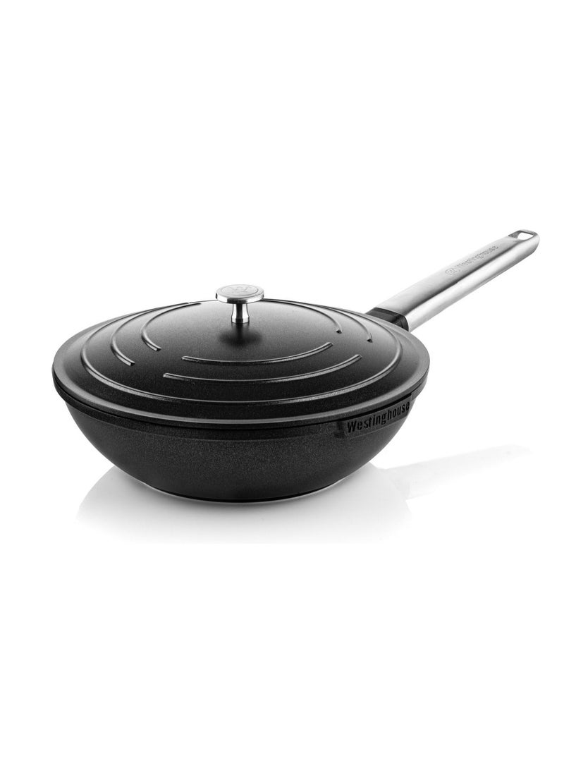 Westinghouse Performance Series 28cm Non-Stick Wok Pan with Lid Cast Aluminum with QuanTanium Coating Induction & Oven Safe Cool-Touch Stainless Steel Handle - Black