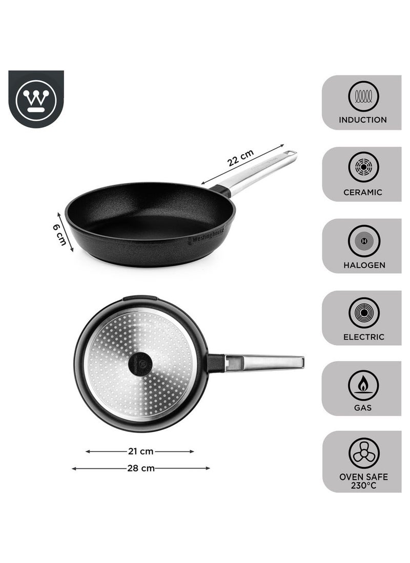 USA Cookware Fry Pan Performance Series 28cm Non-Stick - Cast Aluminum with QuanTanium Coating Induction & Oven Safe Cool Touch Stainless Steel Handle - Black