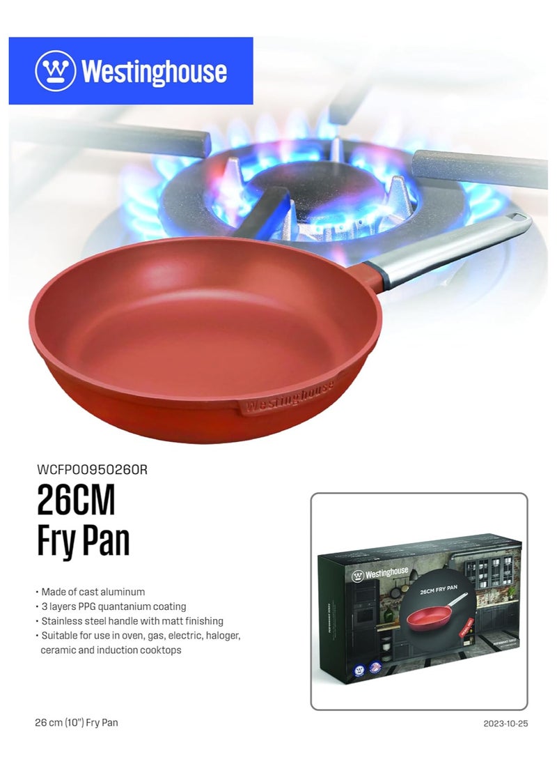Westinghouse Performance Series 26cm Non-Stick Fry Pan Cast Aluminum with QuanTanium Coating Induction & Oven Safe Cool-Touch Stainless Steel Handle - Orange