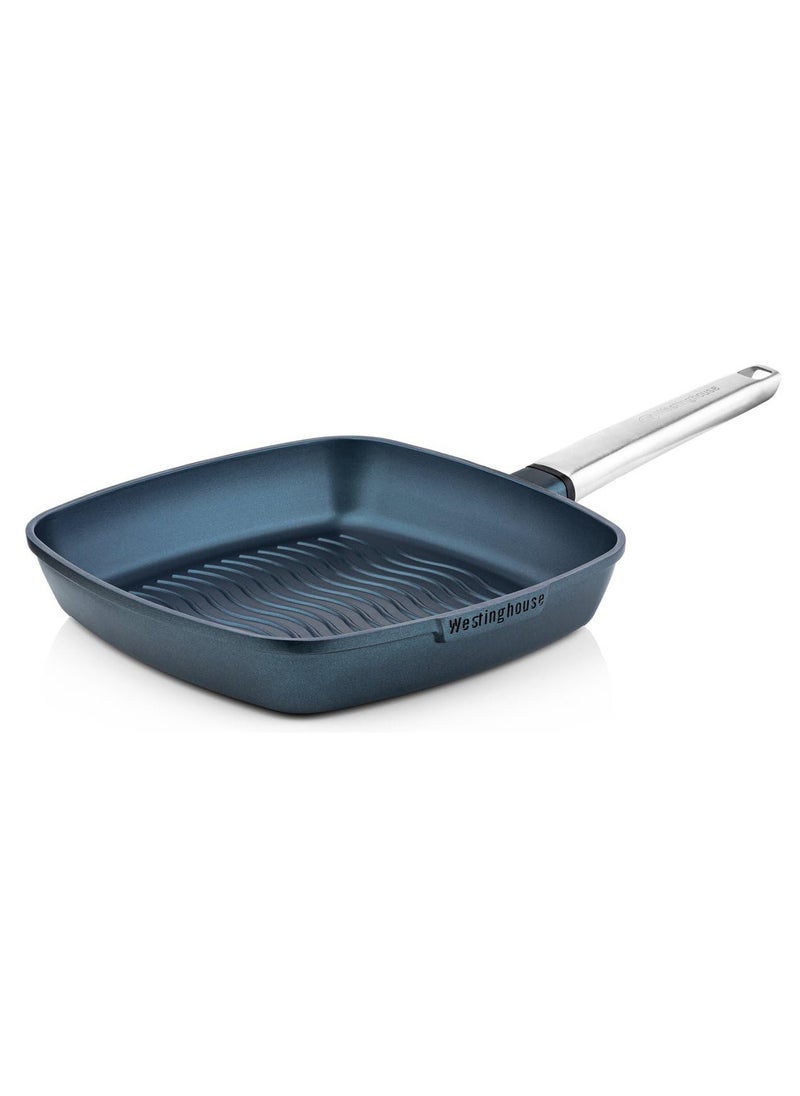 Westinghouse 28cm Non-Stick Ribbed Grill Pan Cast Aluminum with PPG QuanTanium Coating Stainless Steel Handle - Induction & Oven Safe - Blue