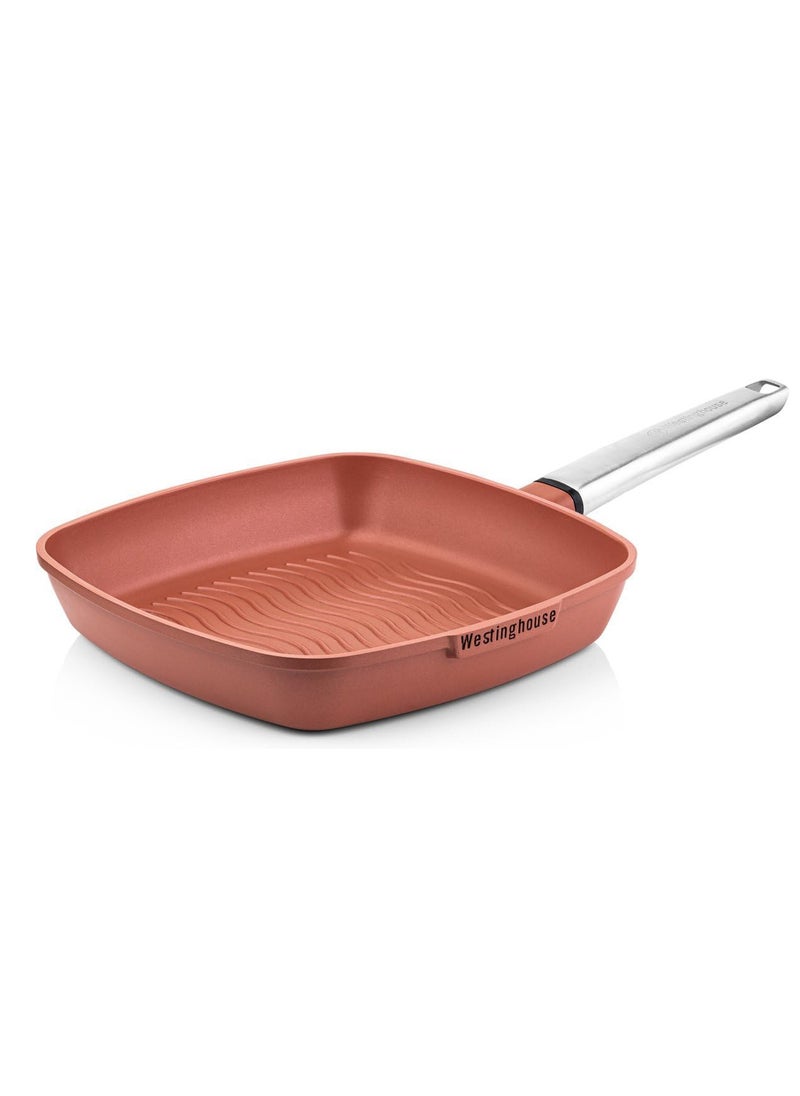Westinghouse 28cm Non-Stick Ribbed Grill Pan Cast Aluminum with PPG QuanTanium Coating Stainless Steel Handle Induction & Oven Safe Orange