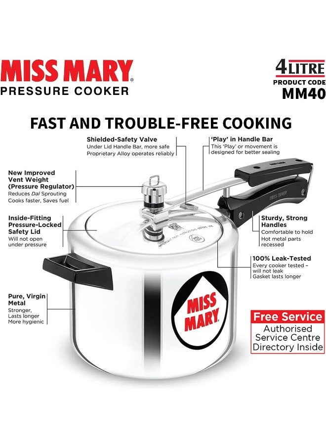 4 Liters Miss Mary Aluminium Pressure Cooker, Inner Lid,Silver