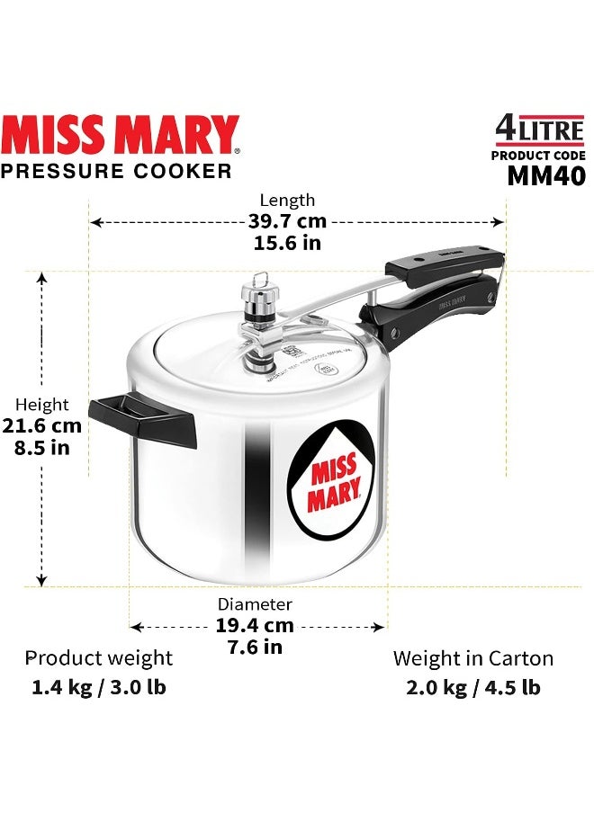 4 Liters Miss Mary Aluminium Pressure Cooker, Inner Lid,Silver