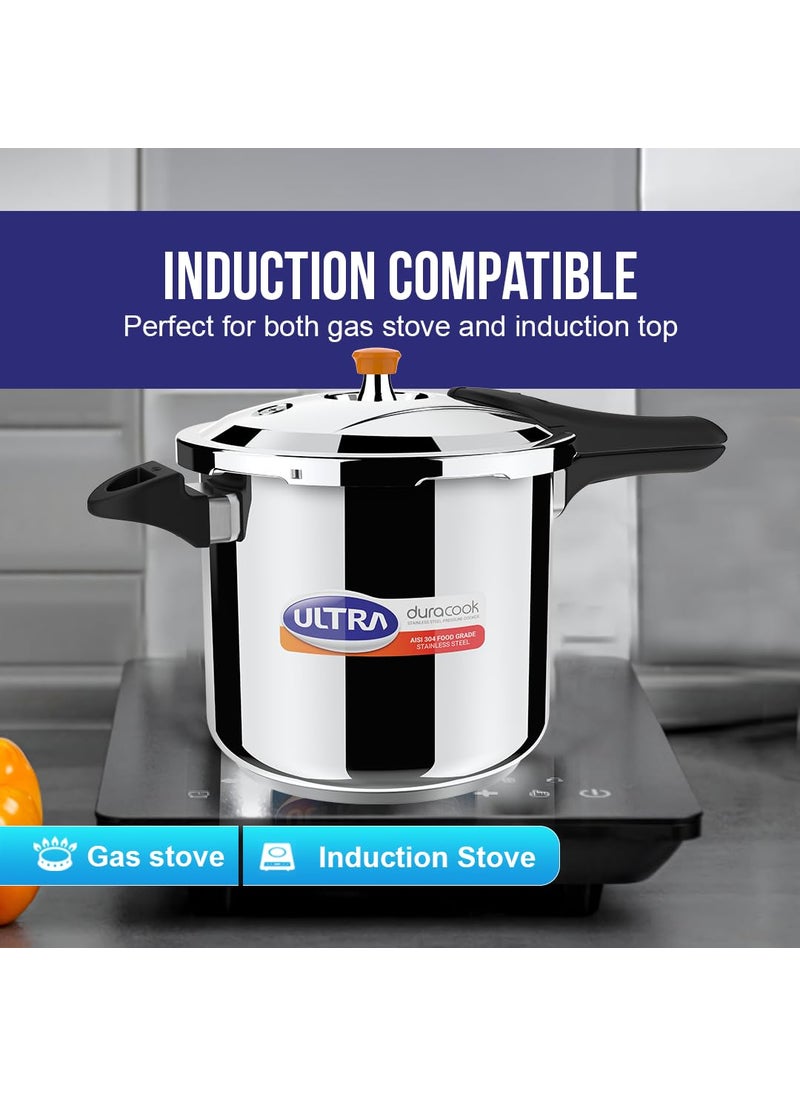 Ultra Duracook Pressure Cooker 8 Litre AISI 304 Food Grade Stainless Steel Cooker 10 Years Warranty High Impact 3Layer Composite Base Injection Moulded Handles Induction Compatible Base